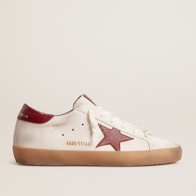 Golden Goose Super-Star Sneakers In White Suede With Burgundy Leather Star And Heel Tab