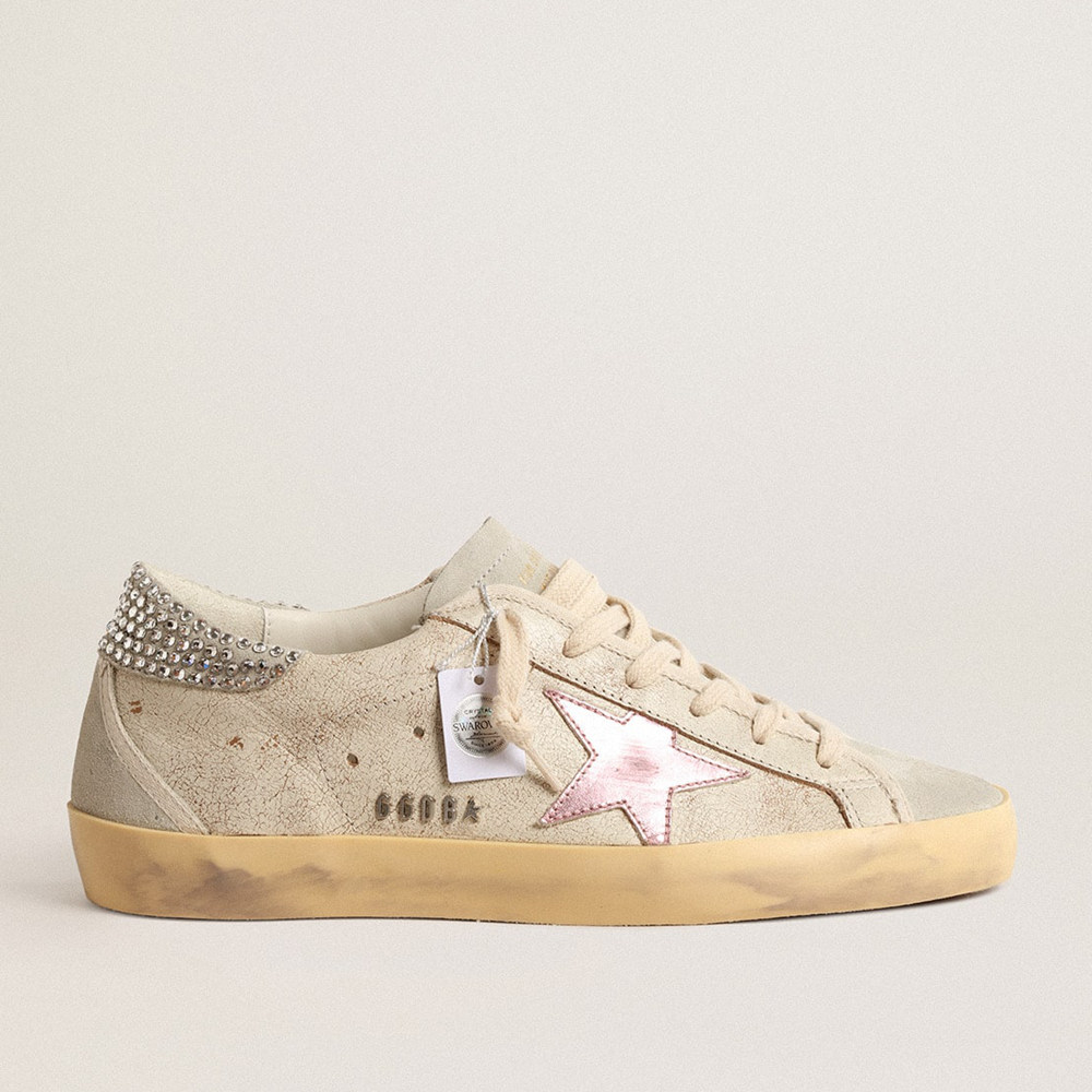 Golden Goose Super-Star Sneakers LTD In Ecru With Swarovski Crystal Heel Tab