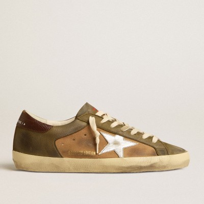 Golden Goose Super-Star Sneakers LTD In Green Leather And Tobacco-colored Suede With Silver Star