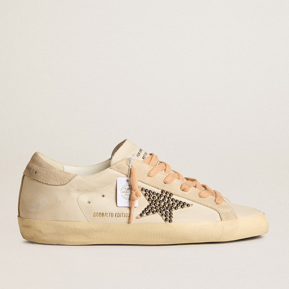 Golden Goose Super-Star Sneakers LTD In Leather With Beige Suede Star With Swarovski Studs