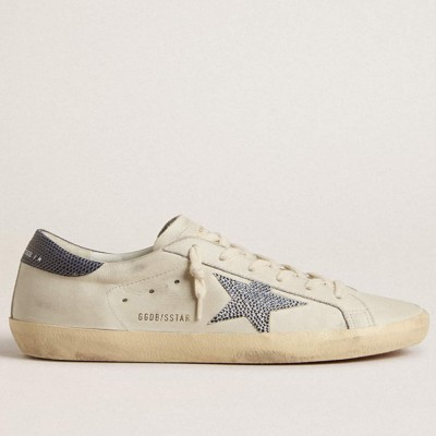 Golden Goose Super-Star Sneakers LTD With Cream-colored Leather Star With Swarovski Crystals And Blue Leather Heel Tab With Lizard Print