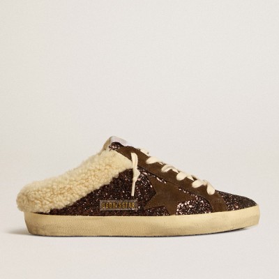 Golden Goose Super-Star Sneakers Sabots In Glitter With Brown Star And Shearling Lining