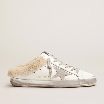 Golden Goose Super-Star Sneakers Sabots In White Leather With Shearling Lining