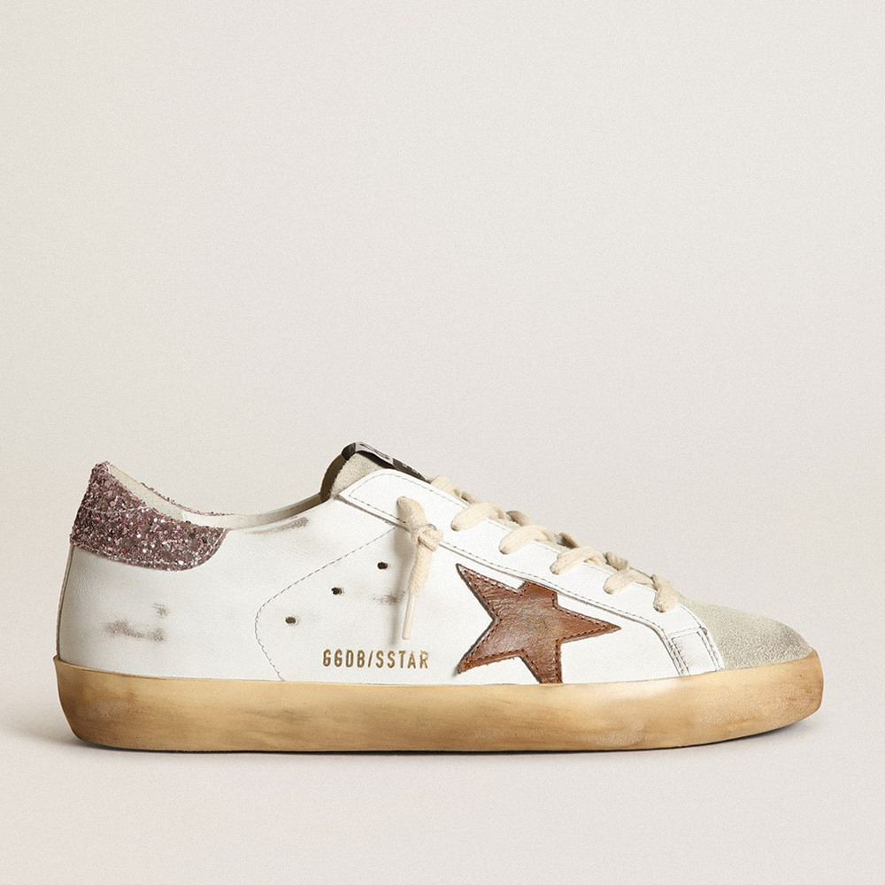 Golden Goose Super-Star Sneakers With A Tan Star And Pink Glitter Heel Tab