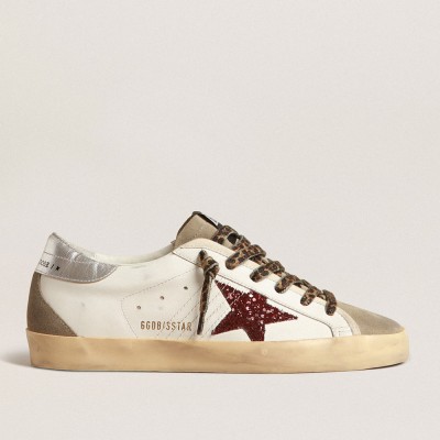 Golden Goose Super-Star Sneakers With Burgundy Glitter Star And Silver Heel Tab