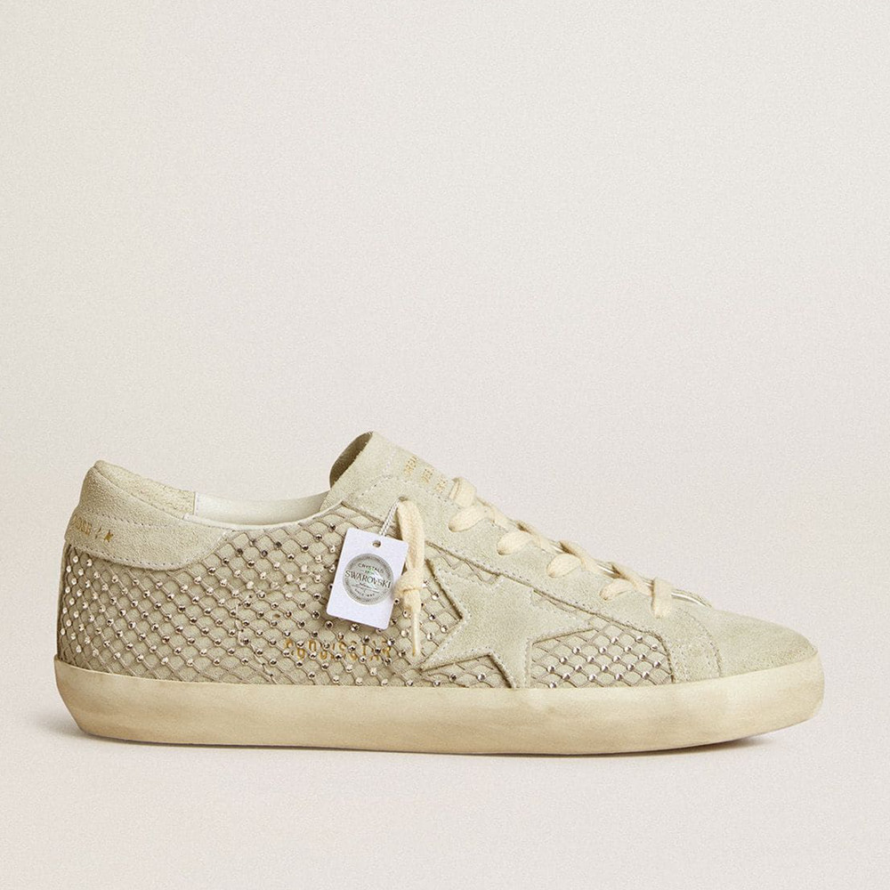 Golden Goose Super-Star Sneakers With Gray Suede Star And Swarovski Crystal Mesh