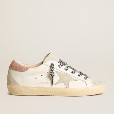 Golden Goose Super-Star Sneakers With Ice-gray Star And Pink Lizard-print Heel Tab