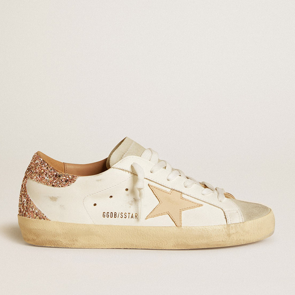 Golden Goose Super-Star Sneakers With Nude Leather Star And Gold Glitter Heel Tab