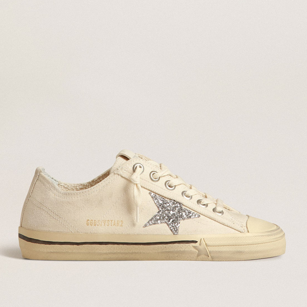 Golden Goose V-Star Sneakers In Beige Canvas With A Silver Glitter Star