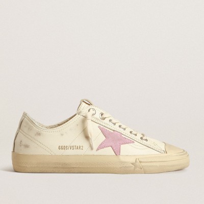 Golden Goose V-Star Sneakers In Beige Nappa Leather With Old-rose Suede Star