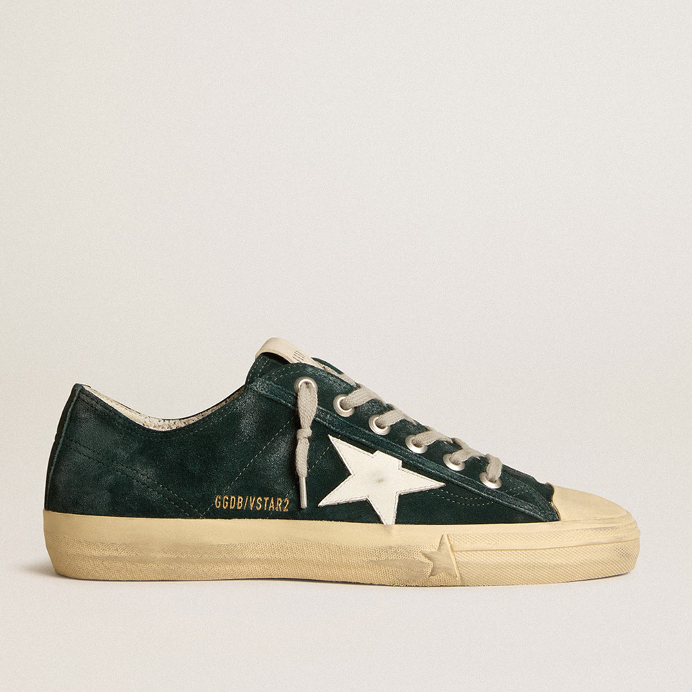 Golden Goose V-Star Sneakers In Forest-green Suede With White Leather Star