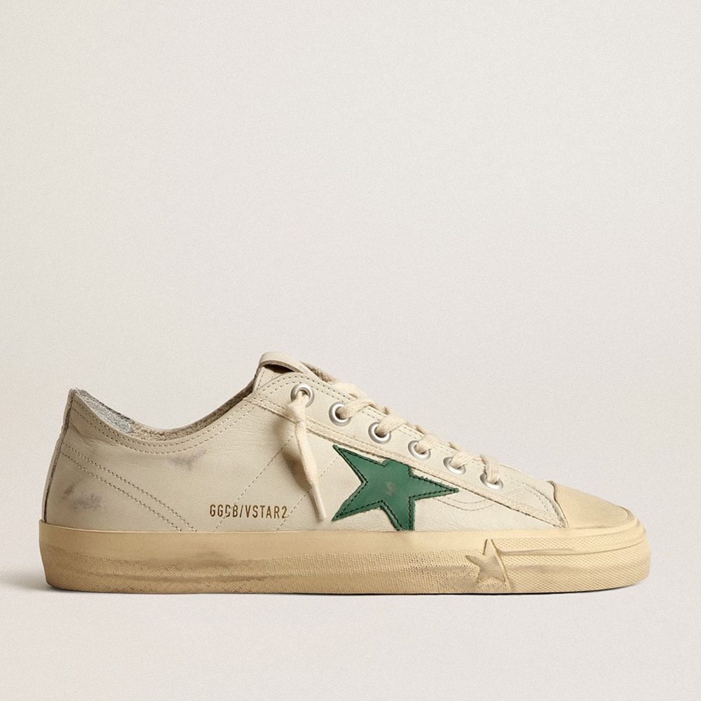 Golden Goose V-Star Sneakers In Glossy Leather With Green Leather Star