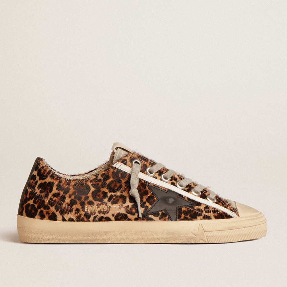 Golden Goose V-Star Sneakers In Leopard Pony Skin With Black Leather Star And Heel Tab