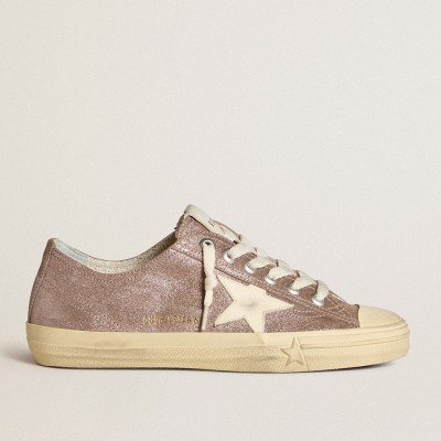 Golden Goose V-Star Sneakers In Light Brown Metallic Suede With Cream Leather Star