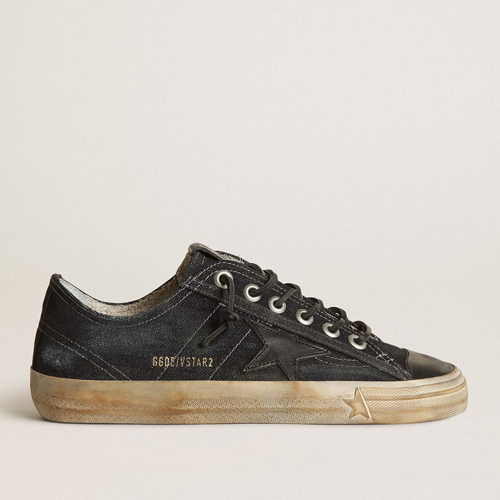 Golden Goose V-Star Sneakers In Midnight-blue Denim With Black Leather Star And Toe