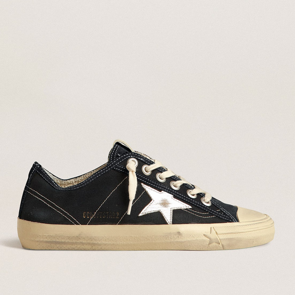 Golden Goose V-Star Sneakers In Navy-blue Canvas With A Silver Laminated Leather Star