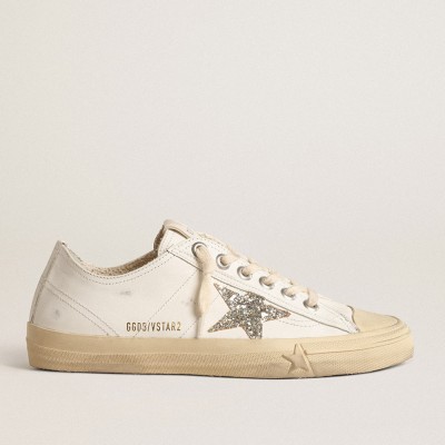 Golden Goose V-Star Sneakers In White Leather With A Platinum Glitter Star