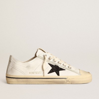 Golden Goose V-Star Sneakers In White Nappa Leather With A Black Glitter Star