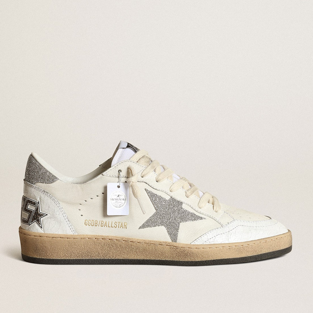 Golden Goose White Ball Star Sneakers With A Swarovski Crystal Star And Heel Tab