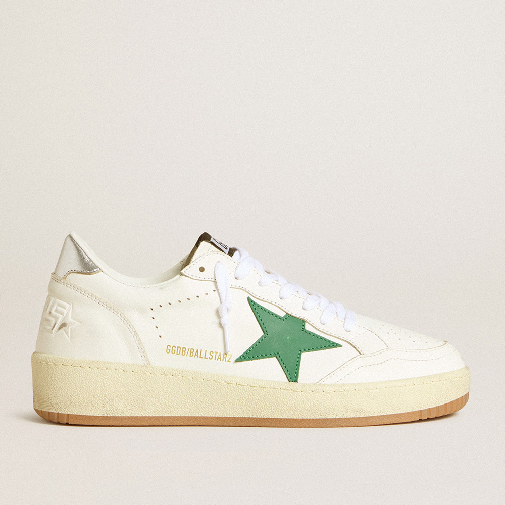 Golden Goose Ball Star Sneakers 2 With Green Leather Star And Metallic Leather Heel Tab