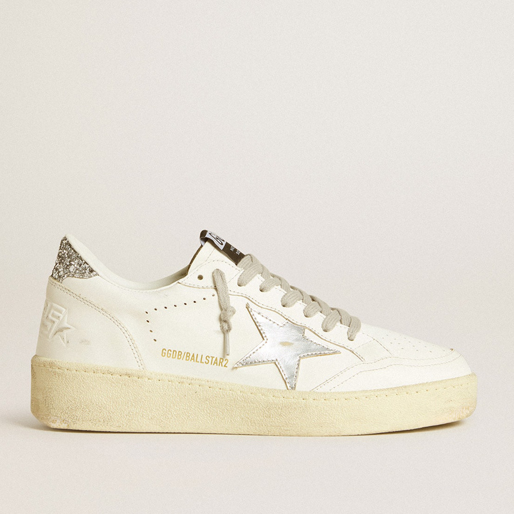 Golden Goose Ball Star Sneakers 2 With Silver Leather Star And Silver Glitter Heel Tab