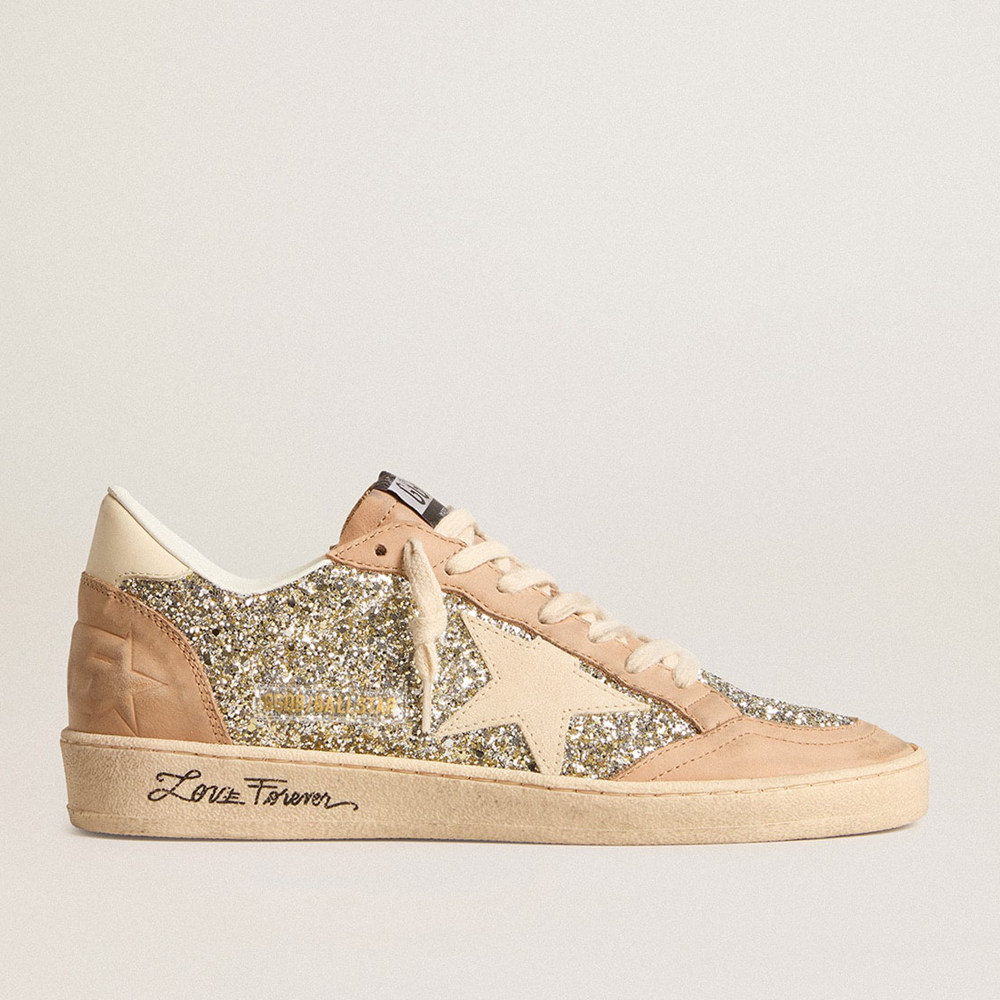 Golden Goose Ball Star Sneakers In Platinum Glitter With Cream Leather Star And Nubuck Toe