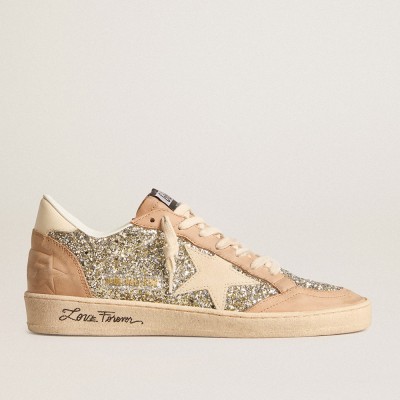 Golden Goose Ball Star Sneakers In Platinum Glitter With Cream Leather Star And Nubuck Toe