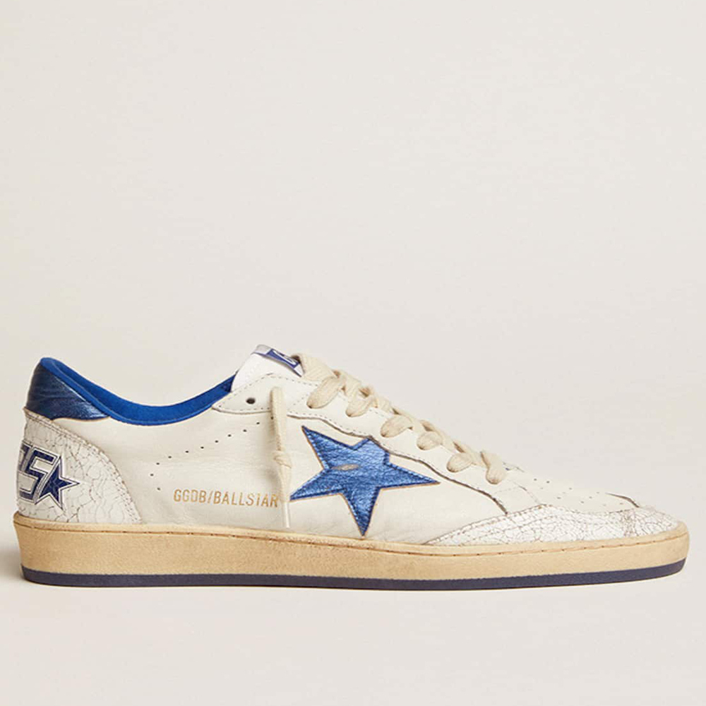 Golden Goose Ball Star Sneakers In White Nappa With Bright Blue Metallic Leather Star And Heel Tab