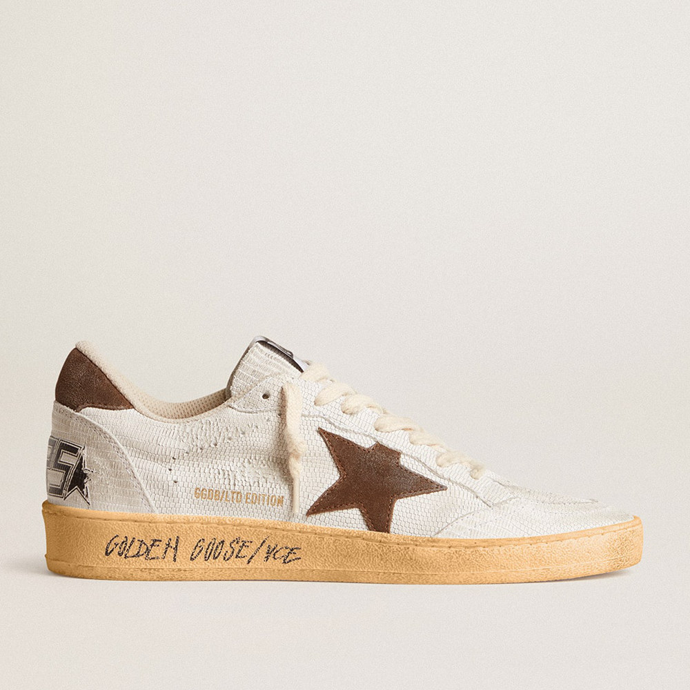 Golden Goose Ball Star Sneakers In White Nubuck Leather With Brown Suede Star And Heel Tab