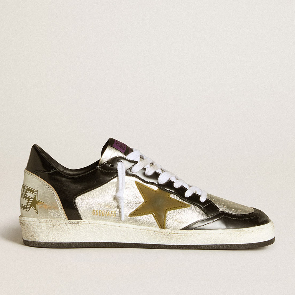 Golden Goose Ball Star Sneakers LAB In Silver Leather With Brown Leather Star And Black Heel Tab