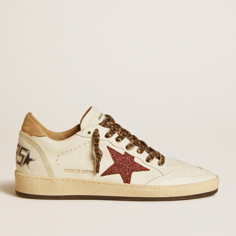 Golden Goose Ball Star Sneakers LTD With Burgundy Glitter Star And Beige Suede Heel Tab