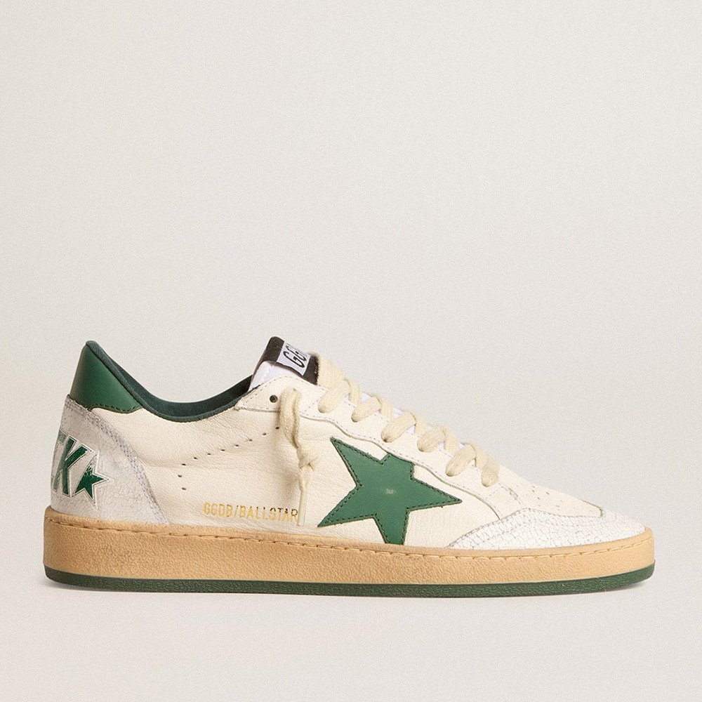 Golden Goose Ball Star Sneakers Wishes In White Nappa Leather With Green Leather Star And Heel Tab