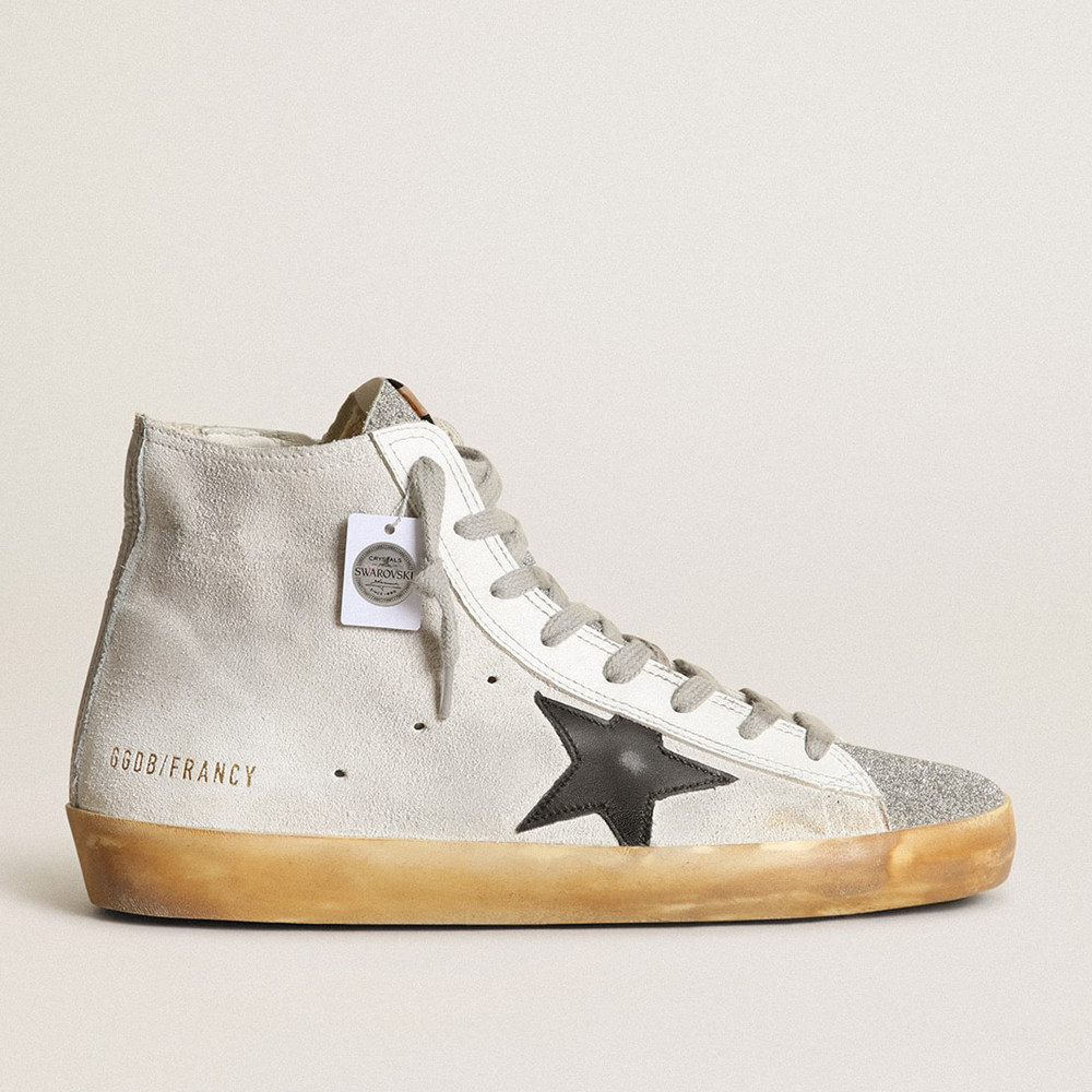 Golden Goose Francy Sneakers In White Suede With Black Leather Star And Silver Swarovski Crystal Tongue