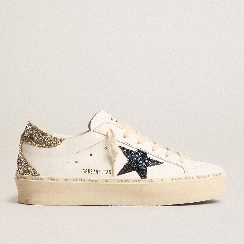 Golden Goose Hi Star Sneakers With Blue Glitter Star And Platinum Glitter Heel Tab