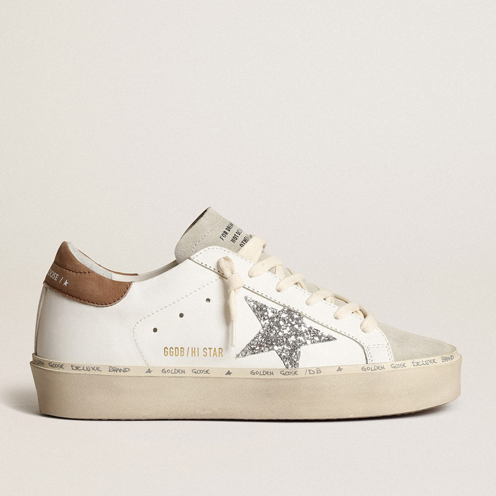 Golden Goose Hi Star Sneakers With Silver Glitter Star And Dove-gray Nubuck Heel Tab