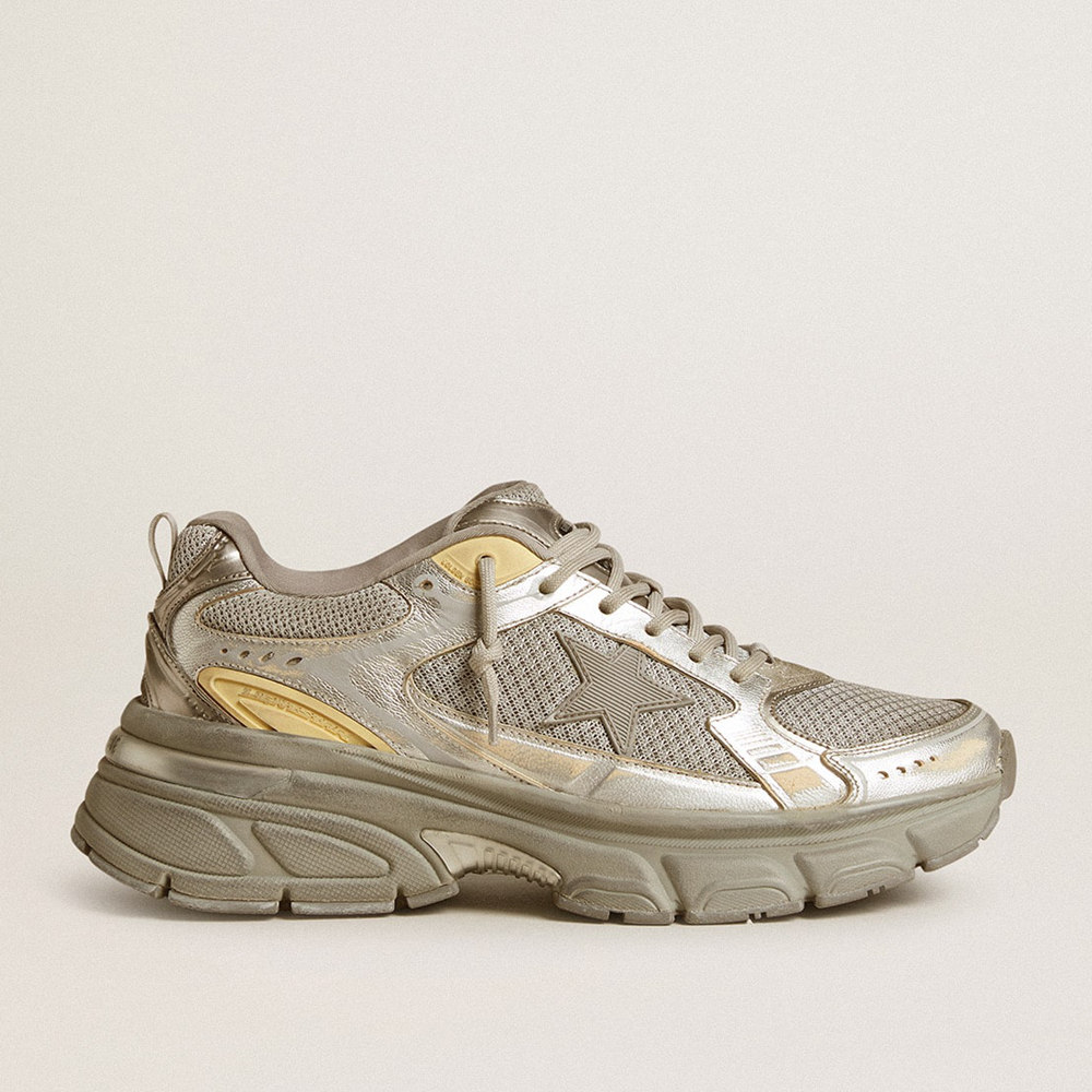 Golden Goose Lightstar Sneakers In Metallic Leather And Silver Mesh With Gray Star