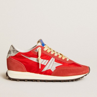 Golden Goose Marathon Shoes With Red Nylon Upper And Silver Star