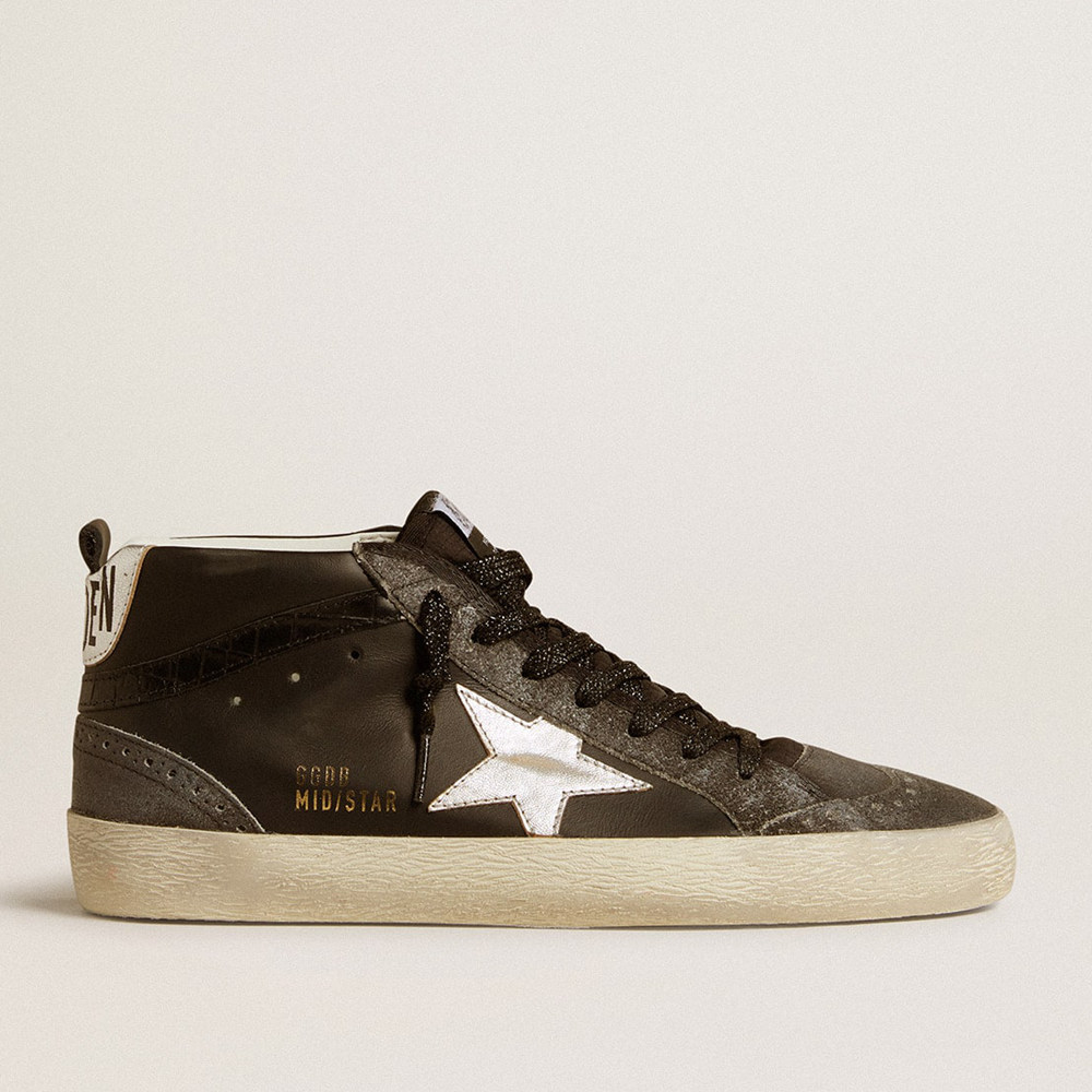 Golden Goose Mid Star Sneakers In Black Leather With Silver Metallic Leather Star