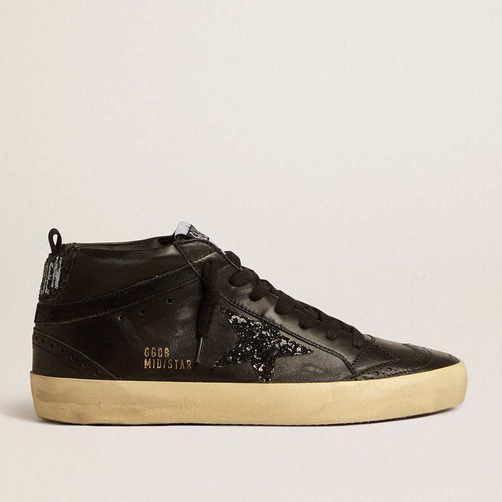 Golden Goose Mid Star Sneakers In Black Nappa With Black Glitter Star And Suede Flash