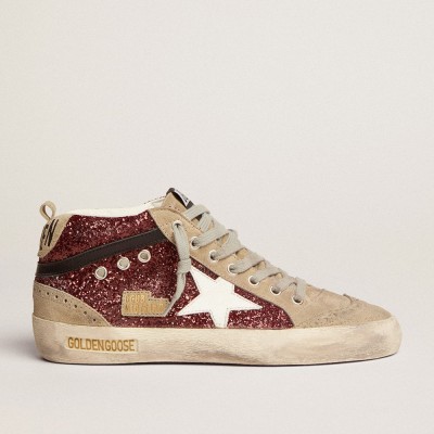 Golden Goose Mid Star Sneakers In Burgundy Glitter With Gray Inserts And White Star