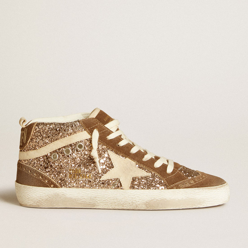 Golden Goose Mid Star Sneakers In Glitter With Pearl Suede Star And Brown Suede Inserts