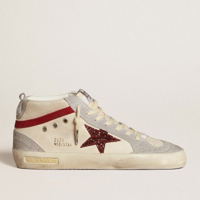 Golden Goose Mid Star Sneakers In Leather With Glitter Star And Red Nubuck Flash