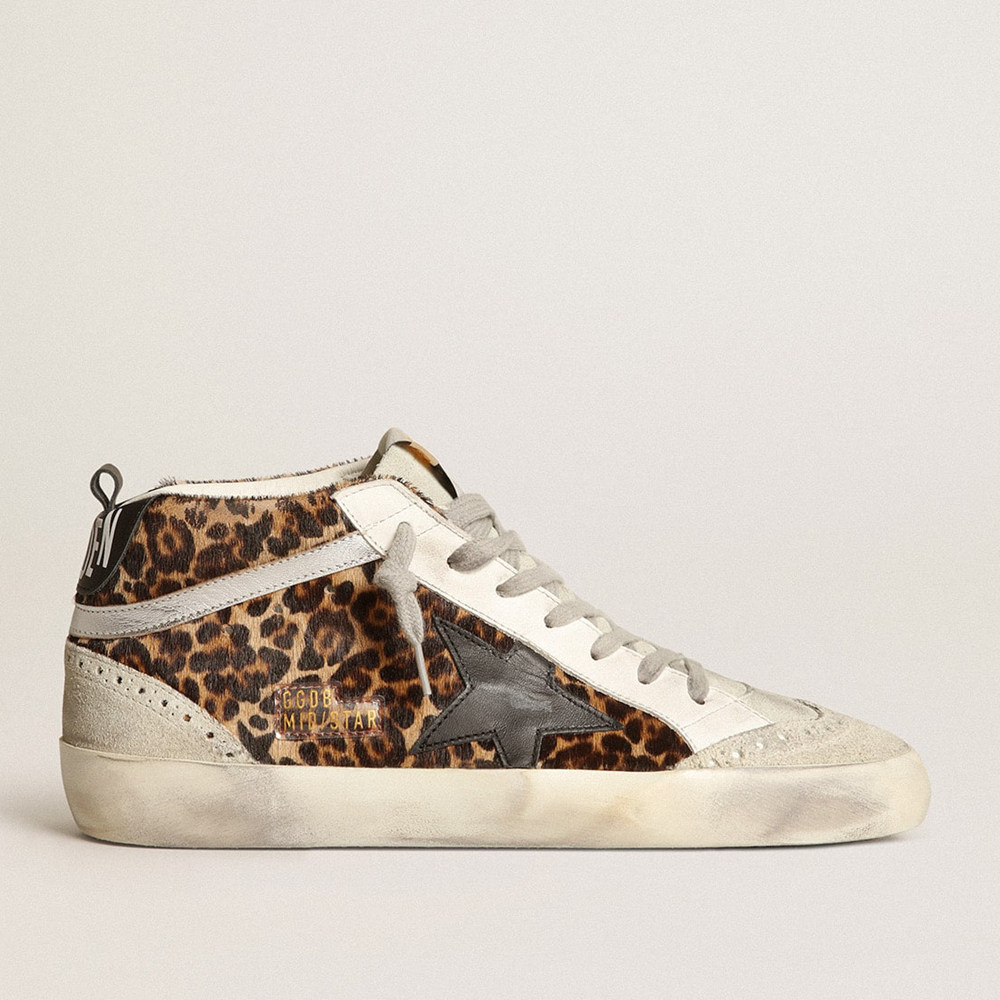 Golden Goose Mid Star Sneakers In Leopard Print Pony Skin With Black Star