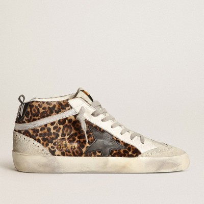 Golden Goose Mid Star Sneakers In Leopard Print Pony Skin With Black Star