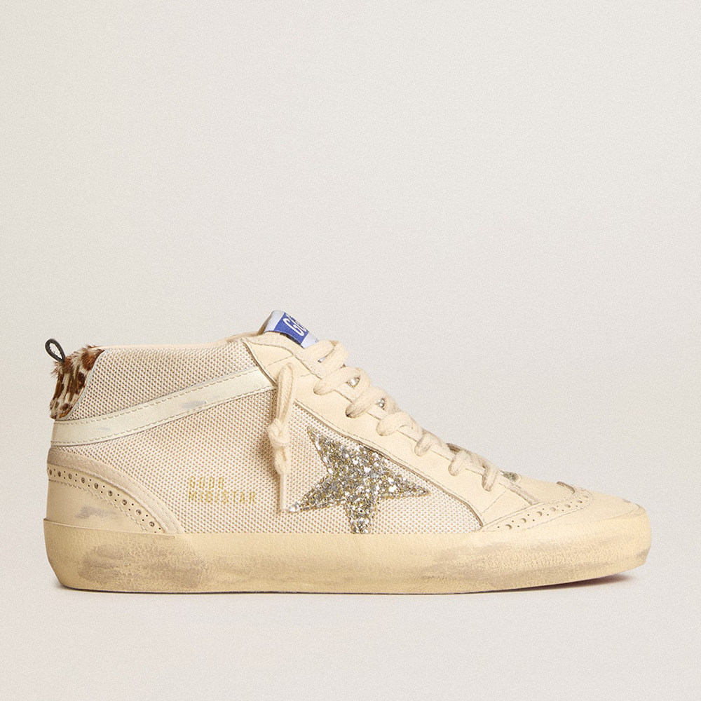 Golden Goose Mid Star Sneakers In Mesh With Platinum Glitter Star And White Leather Flash