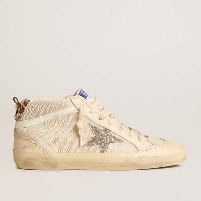 Golden Goose Mid Star Sneakers In Mesh With Platinum Glitter Star And White Leather Flash