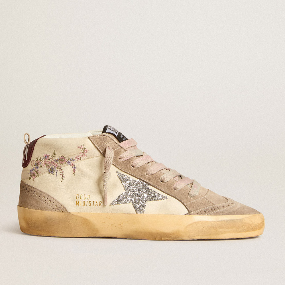 Golden Goose Mid Star Sneakers In Nappa Leather With Floral Embroidery And Silver Glitter Star