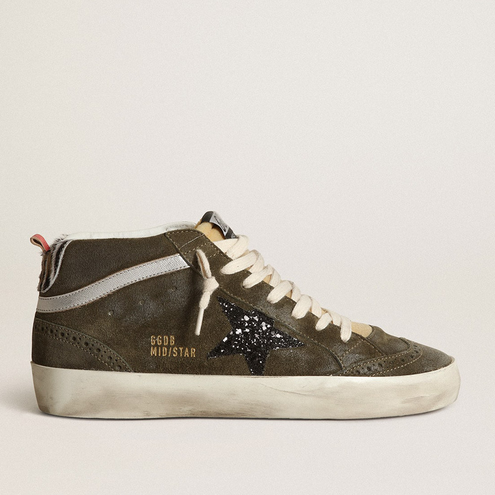 Golden Goose Mid-Star In Olive-green Suede With Black Glitter Star And Pony Skin Heel Tab