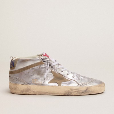 Golden Goose Mid Star Sneakers In Silver Laminated Leather With Dove Gray Star