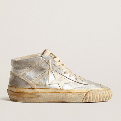 Golden Goose Mid Star Sneakers In Silver Metallic Leather With Ivory Star